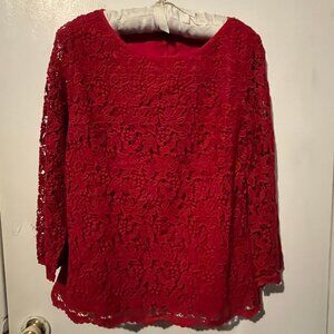 Talbots Red Lace Overaly 3/4 Bell Sleeve Blouse